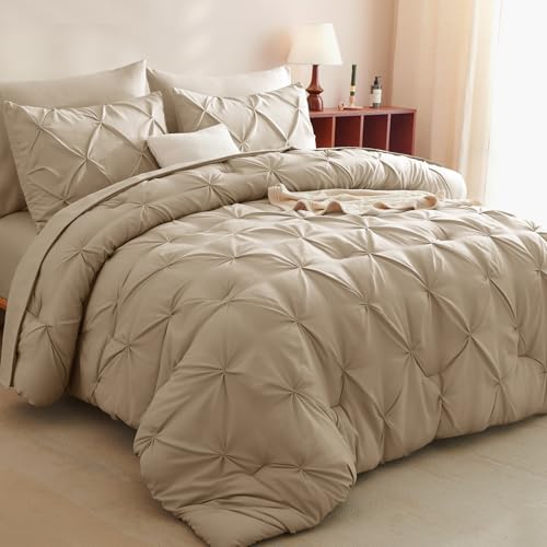 CozyLux King Size Comforter Set Taupe, 7 Pieces Pintuck Bed in A Bag Taupe Comforter King Size, Pinch Pleat Bedding Set with All Season Comforter, Sheets, Pillowcases & Shams