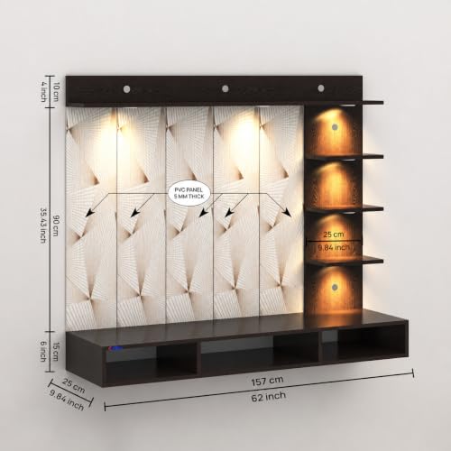 Image of Anikaa Tyron Engineered Wood Wall-Mount TV Unit with PVC Back Panel & LED Lights | TV Cabinet with Storage Box & Decorative Shelves (Wenge) | Ideal for TVs up to 55 Inch | DIY Installation