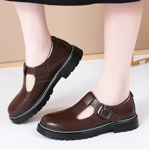Image of Women's Platform T-Strap Mary Janes Oxford Dress Shoes | Chunky Non-Slip Classics Round Toe Comfort Casual School Work Uniform Shoes with Buckle Retro Comfortable Walking Shoes