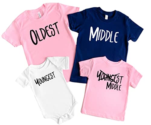 Sibling shirts set of 4 4th pregnancy announcement matching shirts for kids (10-12 youth medium, Middle, Pink)