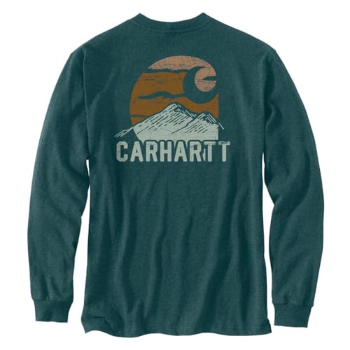 Carhartt Herren-T-Shirt, lockere Passform, schwer, langärmelig, Berggrafik, Greenstone Heather, XX-Large