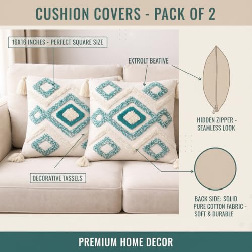Image of RRC Boho Throw Pillows 16x16 Inch Set of 2 - Soft Mid Century Modern Decorative Pillow Covers, Aesthetic Cushion Cases for Couch, Sofa, Bed & Bedroom Decor (SkyBlue, 16X16(Inches))