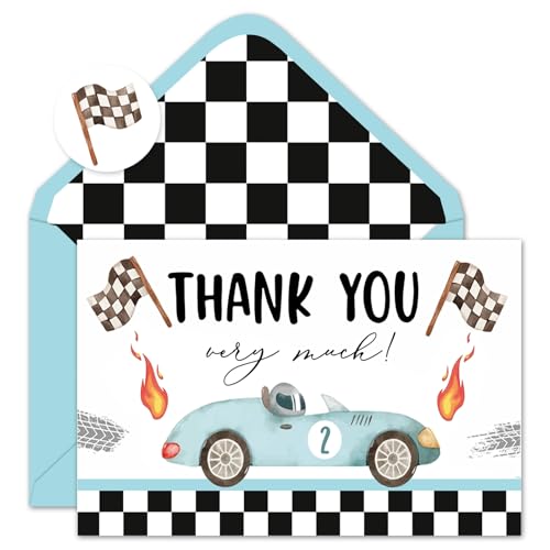 Cartes de remerciement voiture de course bleue pour dire merci après un anniversaire