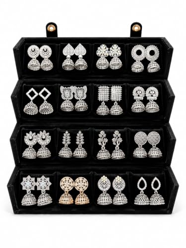 Image of Mirakii Jewels 16 jhumka Earrings with premium box Earrings Combo for Women & Girls | Traditional Oxidized Silver & Gold Plated Ethnic Earring Set | Multi-Design Jhumki Collection with Premium Gift Box | 16 pair jhumka box