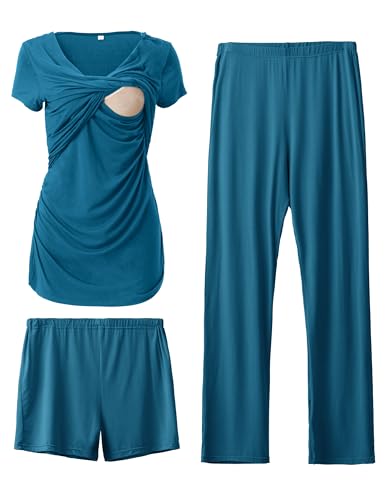 Image of SUNNYBUY Women's Maternity Postpartum Pajamas Set, Breastfeeding Tops，Adjustable Pregnancy Shorts & Pants 3 Piece Nursing PJS