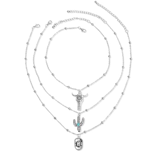 Mikovivi Collar Vaquera Western, Plata Multicapa Collar Cabeza De Toro & Sombrero Vaquero Turquesa Imitación Retro Joyería Boho para Mujeres Concierto Country Accesorios Atuendo Rodeo