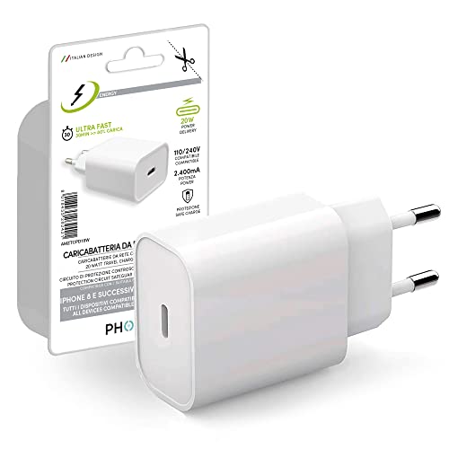 Caricatore Muro Veloce EZON 20W Tipo-C Per IPhone 12/13/14/15/16 Pro E Max (Adattatore USB-C, Bianco)