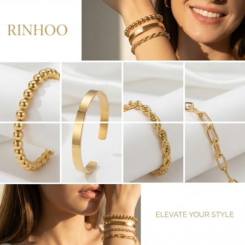 RINHOO Gold Bracelets for Women 18K Gold Plated Chain Bracelet Set - Cuff Cuban Rope Paperclip Beaded Stackable Bangles Trendy Layered Chunky Jewelry Gifts(Style-1-4pcs) — view 3
