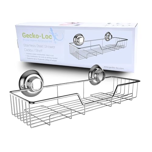 Gecko-Loc Large Wide suction cup wall mount bathroom shower caddy - bath kitchen wire storage basket rack organizer for shampoo and accessories - Silver