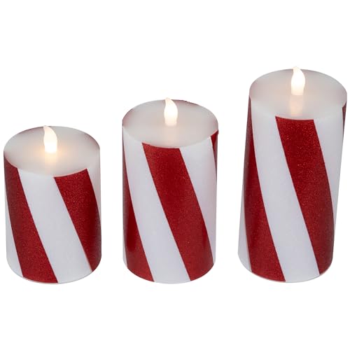 Image of LED Flameless Flickering Candy Cane Wax Pillar Christmas Candles - 6 inch - Set of 3