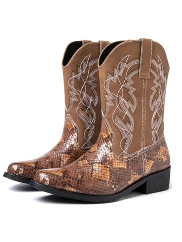 Image of Python Manning Men's Boots Cowboy for Men Classic Pointed Toe Western Pull Up Snakeskin Embroidered Mid-Calf Boots