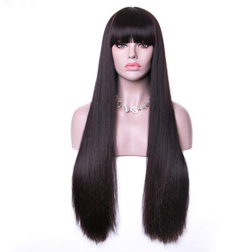Rosa Star Long Straight Hair Wigs with Flat Bangs Dark Brown Synthetic Wig