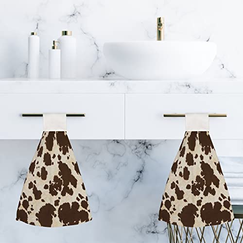 Longlugoo Brown Cow Cowhide Hanging Kitchen Dish Towel 2 Pack Hand Towels Soft Coral Velvet Decorative Hand Towels With Loop For Bathroom Tie Towel Absorbent Dish Towels #TOP5