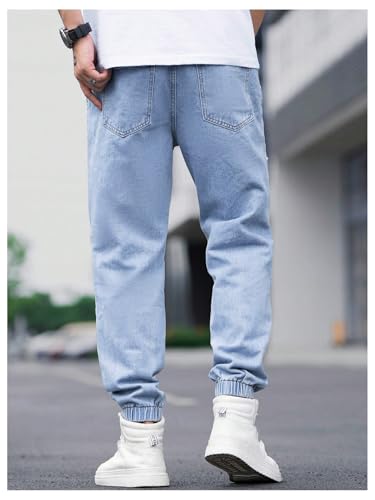 Men's Ripped Drawstring Waist Jeans Graphic Patched Distressed Denim Pants3
