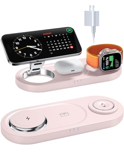 Image of Upgraded 3 in 1 Wireless Charging Station for Apple Devices, Faster Mag-Safe Charger Stand, Magnetic Charger Station for iPhone 16 /15 /14 /13 /12 Series & AirPods Pro & Apple Watch Series (Pink)