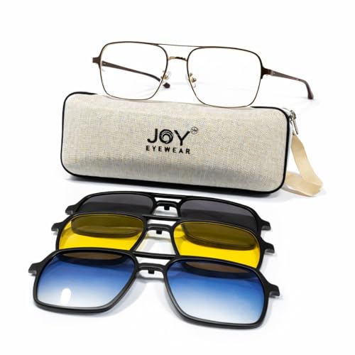 Image of Premium Tinted Eyeglasses with Magnetic Clip-On Sunglasses, 4-in-1, Matte Black Frame, Black Yellow Blue Lenses