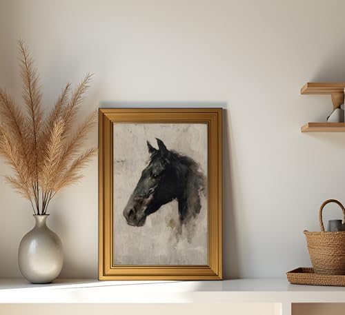 Image of NALEPS Vintage Gold Framed Black Horse Wall Art, Moody Animal Portrait Canvas Painting Picture, Antique Equestrian Decor for Office, Living Room, Bedroom, Damage-Free Ready to Hang, 12x16 in