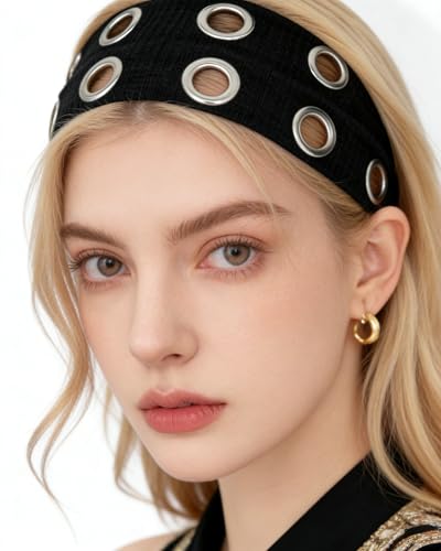 Cupeou Grommet Headband for Women Wide Head band with Hollow Out Eyelets Stylish Headbands for Women Elastic Black Headbands for Women Girls Eyelets Punk Grunge Stylish Hairband