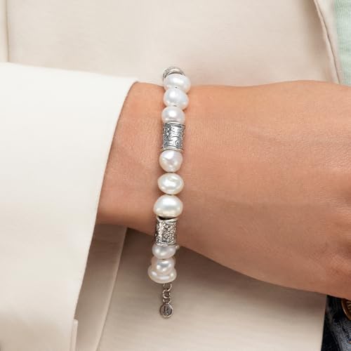 925 Sterling Silver Bracelet On A 7.5" Chain With Freshwater Cultured Pearls Vintage Look Hypoallergenic Nickel and Lead-free Artisan Handcrafted Designer Collection, Made in Israel2
