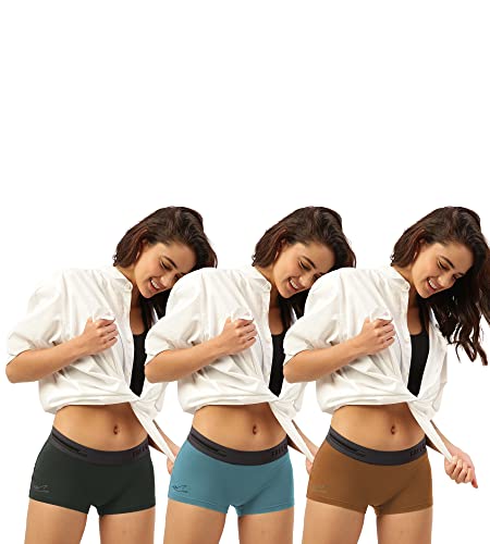 Image of FREECULTR Antibacterial Micro Modal Boy Shorts for Women | Long Panty | Boxer for Girls- Pack of 3 (Seaweed Green, Martini Blue, Bourbon Yellow)