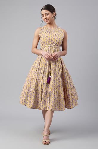 Image of Janasya Women's Cotton Floral Block Print Tiered Western Dress