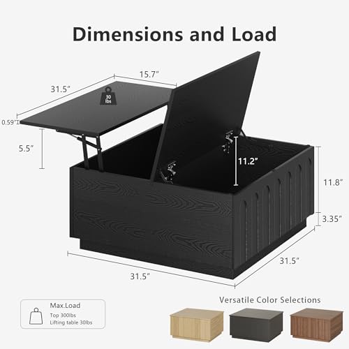 FORTUNETEC Lift Top Coffee Table with Storage, Modern Coffee Table with Arched Design, 31.5\" Square Tea Table with Wood Grain, Minimalist Multifunctional Center Table for Living Room, Office, Black