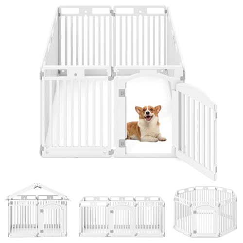 Giantex 8 Panel Dog Playpen, 32'' Tall Plastic Pet Fence with Lockable Door, Indoor Outdoor Portable Dog Exercise Pen for Medium Dogs, Configurable into Square, Rectangle or House-Shaped Layout