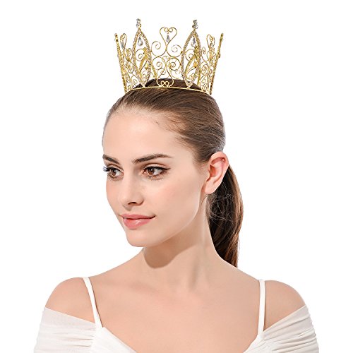 Dczerong Women Birthday Queen Crowns Cake Topper Gold Full Round Princess Costume Prom Tiara Crown Gift Box Packed Amazing Personality Pageant Queen Rhinestone Crown Gold #TOP6