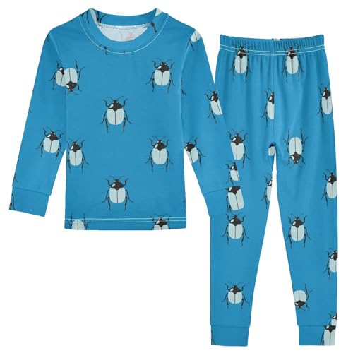 Pajama Sets Long Sleeve Beetle Pattern on Blue Soft Comfy Sleepwear 2 Piece PJS 3-8T