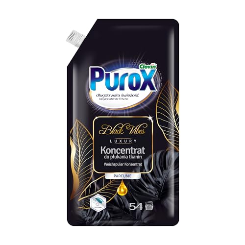 PUROX Black Vibes Suavizante para ropa (54 Lavados) – Notas de cítricos & roble, Cuida los tejidos, Perfume duradero, Antiestático, Planchado fácil, 600 ml
