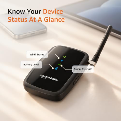 Image of Amazon Basics 4G LTE Wireless Dongle with Antenna, 3800 mAh Rechargeable Battery, All Network SIM Support, Up to 150 Mbps 2.4 GHz Wi-Fi for up to 8 Devices, SD Card Slot, Type-C Charging (Black)