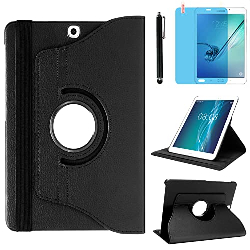 Funda para Samsung Galaxy Tab S2 9.7 Inch 2015 (SM T810 T813 T815 T817 T818 T819),360 Rotación Soporte Protección Cubrir Inteligente Caso,Tener bolígrafo,Película Protectora (Black)