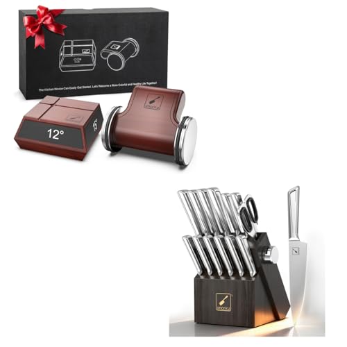 imarku 14 Pcs Knife Block Set and Rolling Knife Sharpener Kit 2 Diamond Disc, 12°, 13°, 15°, 20° Angle Guides
