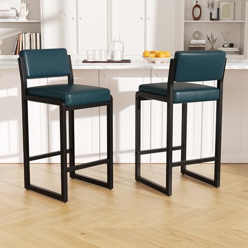 Image of Bar Stools Set of 2, Modern Counter Height Bar Stools with Back,26 inch Dark Blue
