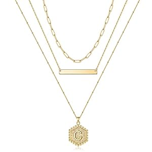 Turandoss Gold Layered Initial Necklaces for Women, 14K Gold Plated Bar Necklace Handmade Layering Hexagon Letter Pendant Beads Chain Necklace Layered Necklaces for Women Gold Jewelry Gifts