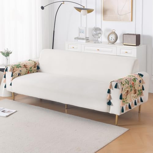 Image of HOKIPO Premium Holland Velvet Sofa Armrest Cover | Printed Design Arm Cover with Tassels | 'Whispers of Nature' (1 Pair) Beige Woodland Bloom (IN-1115-D4*2SC)