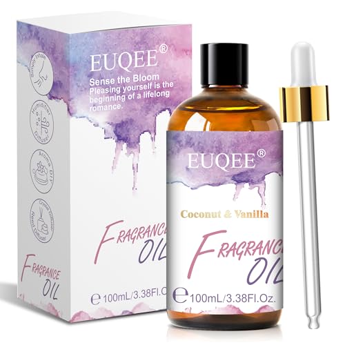 EUQEE 100ML/3.38 Fl Oz Coconut & Vanilla Fragrance Oil with Glass Dropper Essential Oil for Diffuser for Home Yoga Long Lasting Scented Oil for Candle Making Handmade Soap Making DIY Perfume