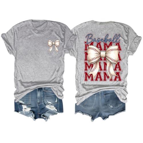 Baseball Mama Shirt Baseball Coquette Bow T-Shirt, Baseball Mama Tee Gray