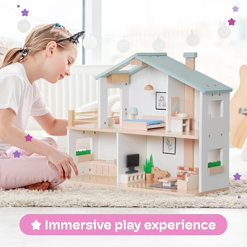 jewelkeeper 2 storey dollhouse wooden - kids pretend play dream house - wooden dollhouse for girls - large wood doll houses playset gift for girl ages 3 and up -157x196 inch