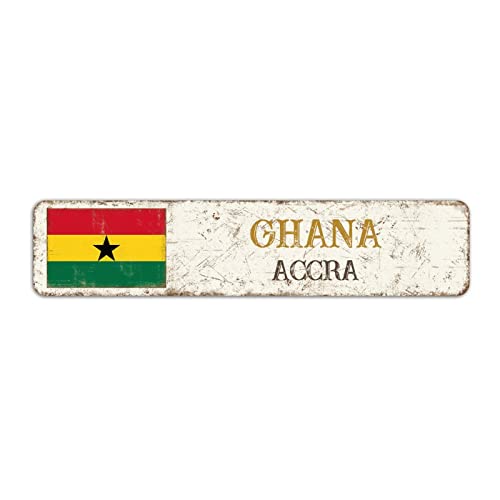Ghana Street Sign Accra City Sign, Ghana Flag Sign, Vintage Country Capital City Souvenir For Country Road Wall Decor 4 X 18 Inch