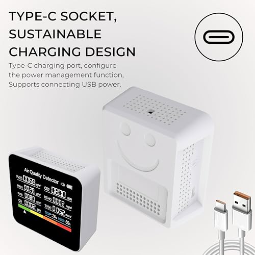 Image of DeWire 9-in-1 Air Quality Detector with Color Display - Multifunctional CO2, CO, HCHO, TVOC, PM2.5, PM10, PM1.0 Monitor with Temperature and Humidity Sensors, USB-C Rechargeable Type