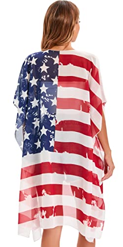 Image of DDSOL Women's American Flag Kimono Cover up Beachwear Cardigan Loose Tops Shirt Blouse