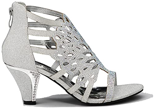 Kinmi25N Womens Open Toe Mid Heel Wedding Rhinestone Gladiator Sandal Shoes (8.5 B(M) US, Silver 34)