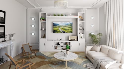 Image of Raywud Elavora Engineering Wood Floor Standing TV Entertainment Unit Set | TV Cabinet with Shelves for Books & D�cor Display Unit Bed Living Room | Ideal for TV Unit Upto 55 inch (Frosty White) | DIY