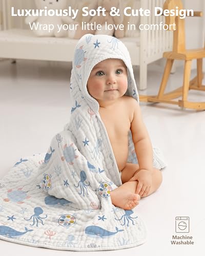 Image of Baby Bath Towels, 100% Muslin Cotton Hooded Baby Towels for Newborn, 2 Pack Baby Towels with Hood for Infant Toddler and Kids, Large 32x32Inch Unisex Bath Essentials, Soft and Absorbent