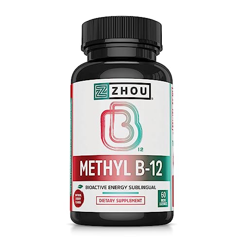 Zhou Methyl B12 - Methyl B-12 Supplement for Women & Men, Vitamin B12 5000 mcg, Vegan Friendly, Cellular Energy and Nerve Function Support, Methylcobalamin - 60 Micro Lozenges