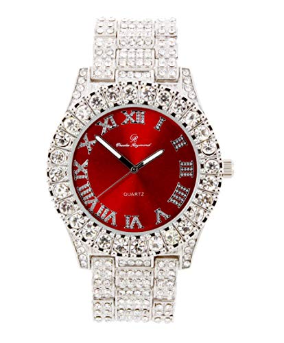 Women s Big Rocks Bezel Colored Dial with Roman Numerals Fully Iced Out Watch - ST10327LA (Silver-Red)