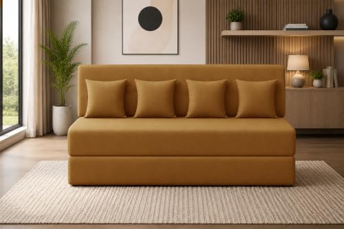 Image of Sofa Cum Bed with Jute Fabric, Convertible Four Seater Sofa Bed 6x6 Ft, Comfortable Cushioned Seating, Space Saving Design for Living Room, Bedroom & Guest Room - Golden Color
