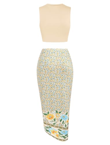 Image of ZAFUL Women's Casual Sleeveless Summer Two Piece Outfits Crop Top and Side Split Draped Ruched Maxi Skirt Set Solid Suiting