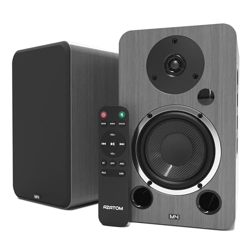 AZATOM Active Bookshelf Speakers 80W | Bluetooth | 4.5” Carbon Fibre driver, Silk Tweeter | 24bit DAC Built-in | Perfect for Music, Gaming, Vinyl Turntable, HiFi, Home Theatre Equinox M4 (Grey)